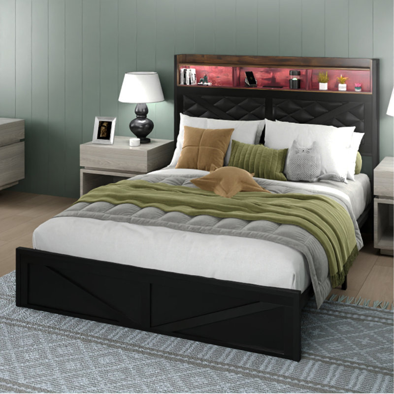 Diamond Rustic Upholstered Platform Bed, Queen, Black