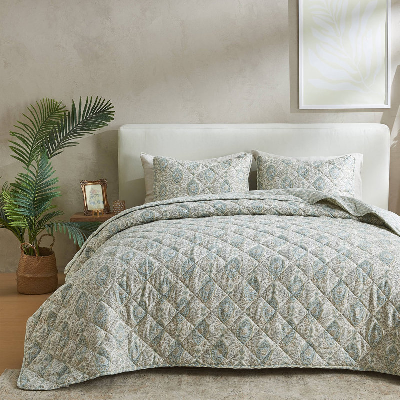 Blue Taupe Floral Reversible Twin Quilt Set with Shams