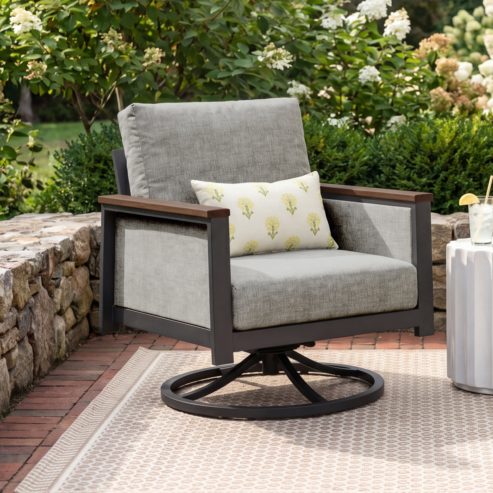 Stimson Sunbrella® Swivel Patio Rocking Chair, Cast Silver, Dark Gray/Brown