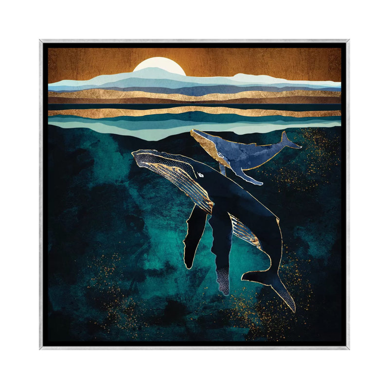 Moonlit Whales - impression d'art graphique, Toile avec cadre argenté, Aucun mat, H 18 po x l 18 po x 1,5 po