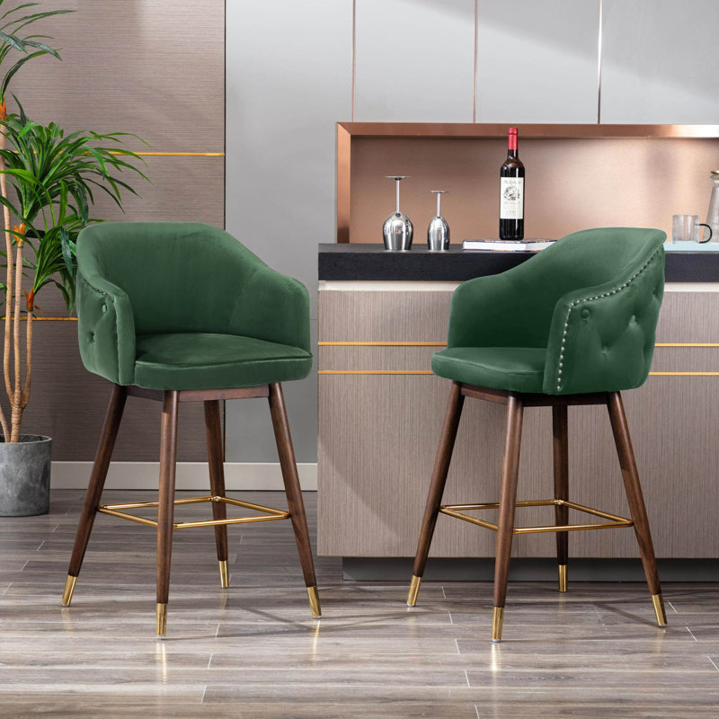Grieteke 28'' Velvet Upholstered Bar Stool with Rubberwood Legs, Green