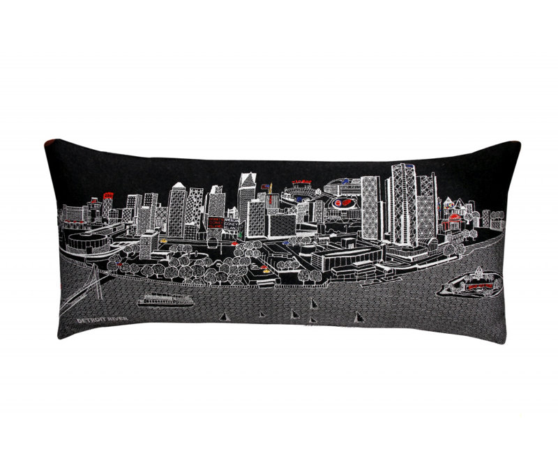 Coussin noir Black Detroit Nighttime Skyline, Gris