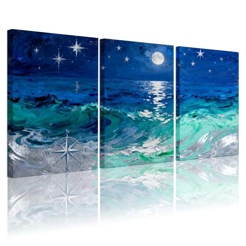 Nautique et plage, nuit étoilée, vagues de l'océan, clair de lune, boussole, ensemble de 3 impressions sur toile