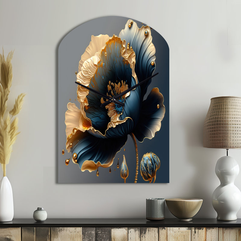 Horloge murale en métal bleu foncé et doré - fleur, Moyenne