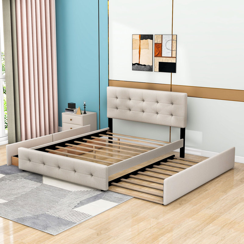 Vangelica Queen 2 Drawers Upholstered Platform Bed with Twin XL Size Trundle, Dark Beige