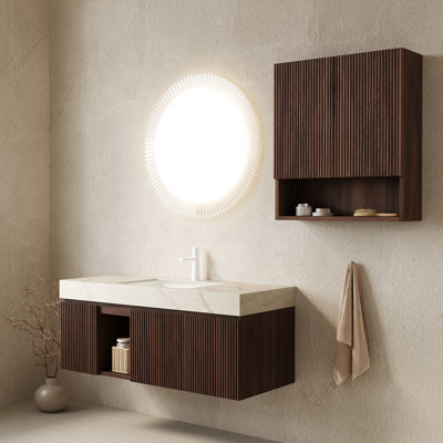 Ensemble de salle de bain EIDEN 48 + TOBI 26, meuble-lavabo mural flottant pour salle de bain, plateau en pierre frittée or crème, lavabos en céramique, trous de robinet pré-percés, robinet et drain exclus, couleur grain de bois naturel