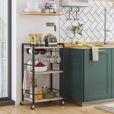 Bar Cart, Home Bar Serving Cart, Drink Cart with 3-Tier Mirrored Shelf, Mobile Kitchen Shelf with Wine Rack, Rolling Beverage Cart