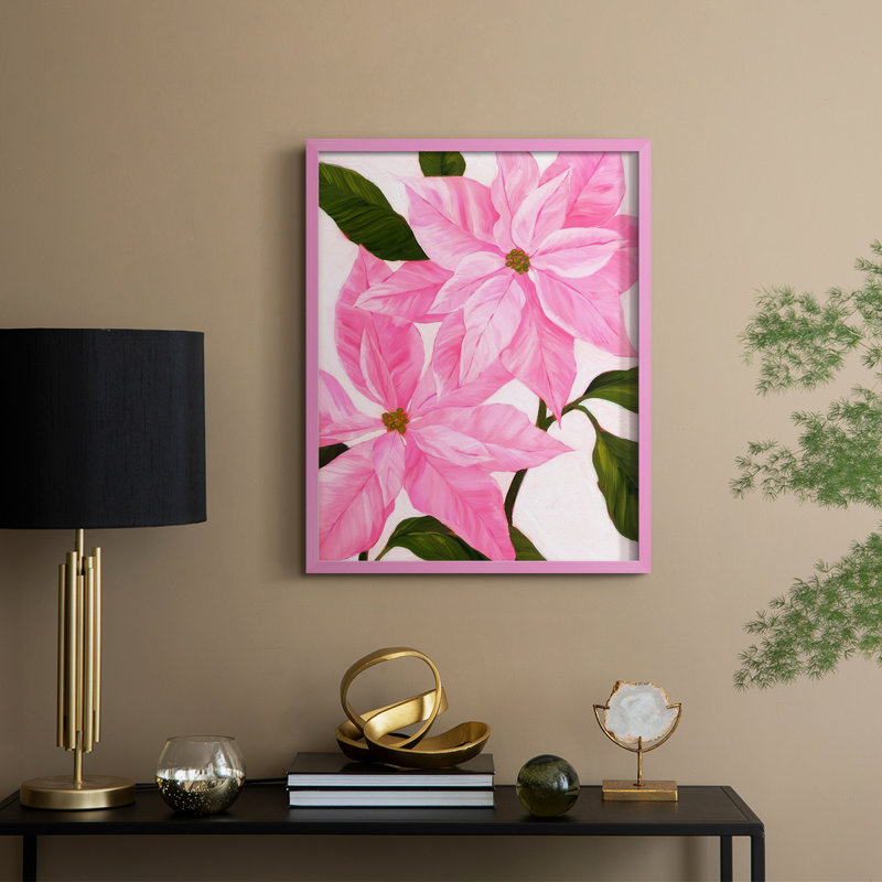 Reproduction encadrée néon rose poinsettias II - bois massif, Rose, H 11 po x l 9 po