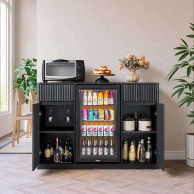 Fluted Buffet Wine Cabinet with Built-In Fridge Nook and Multi-Port Charging Station