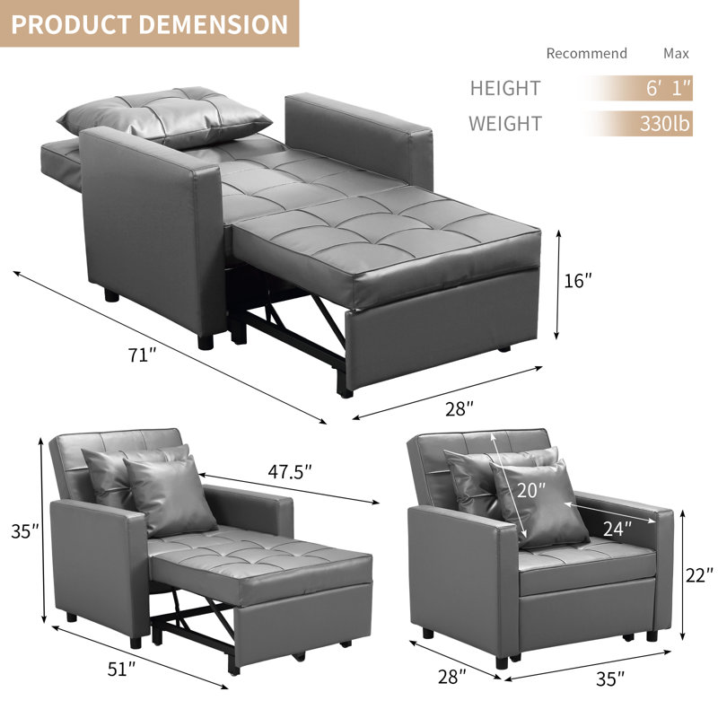 Canapé-lit 3-en-1, fauteuil-lit avec dossier réglable, canapé-lit pliant escamotable, fauteuil simple multifonctionnel, fauteuil-lit en cuir synthétique moderne (brun)