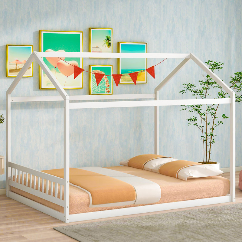 Queen Size Wooden House Bed With Headboard,White, White