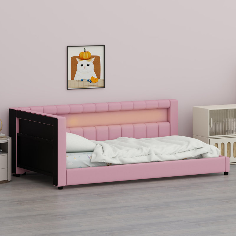 Minimalist Platform Bed Equipped with USB Charging Stations and Soft LED Glow, Pink