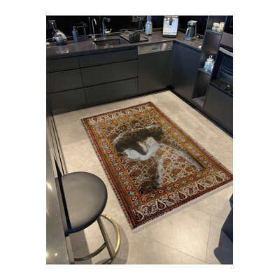 Yellow Toned Motif Abstract Woman Portrait Pattern Creative Modern Decorative Washable Rug