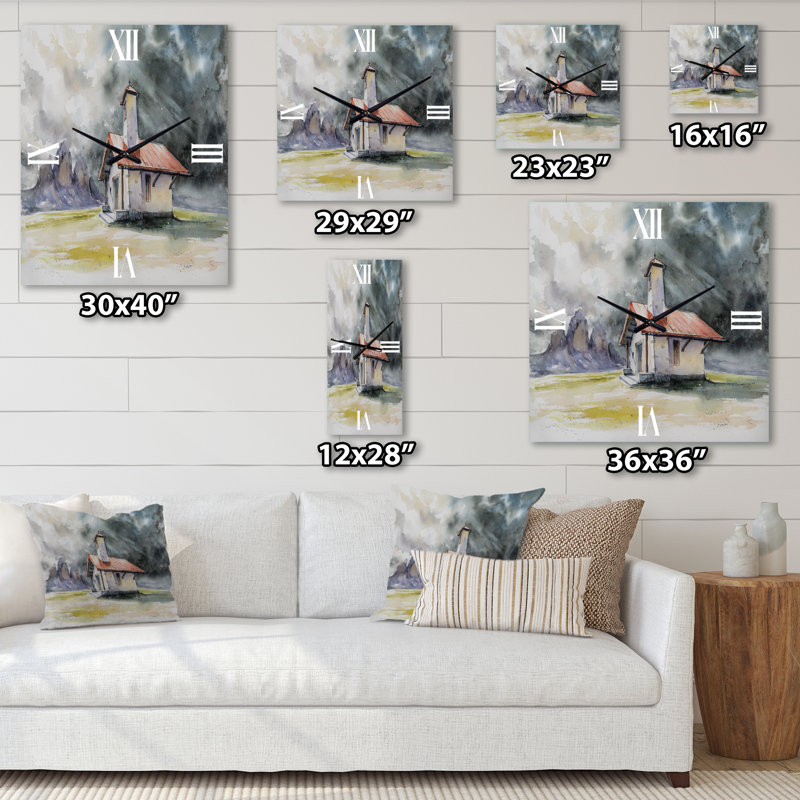 Rustic House on Mountain Top During Storm - Country Wall Clock, Small
