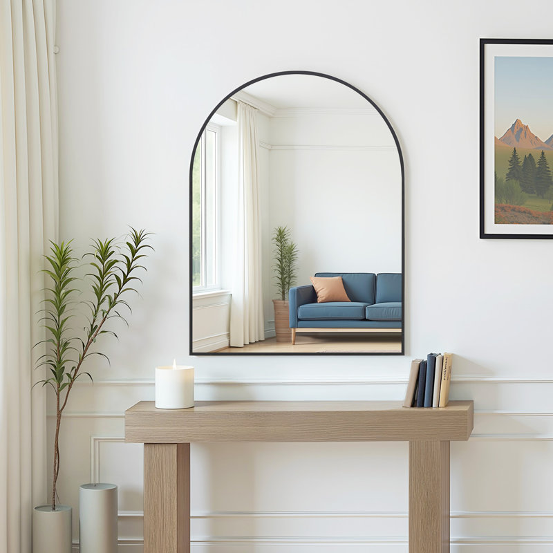 Black Metal Framed Arched Wall Mirror Bathroom/Vanity Mirror, 40" H x 30" W 