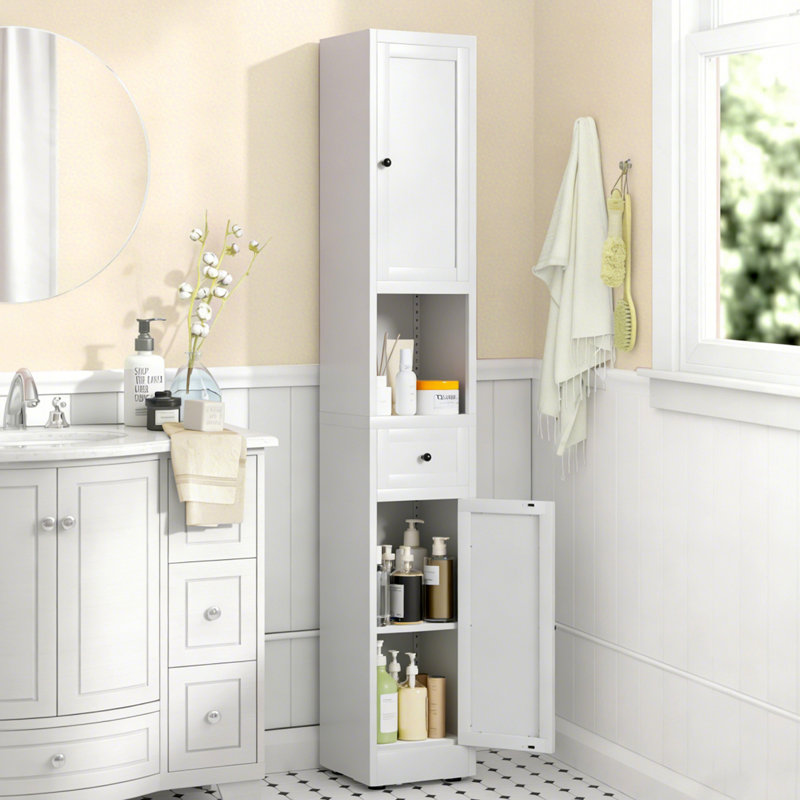 Grande armoire de rangement pour salle de bain, armoire étroite en métal à 5 niveaux avec 2 portes et tablettes réglables, armoire autoportante