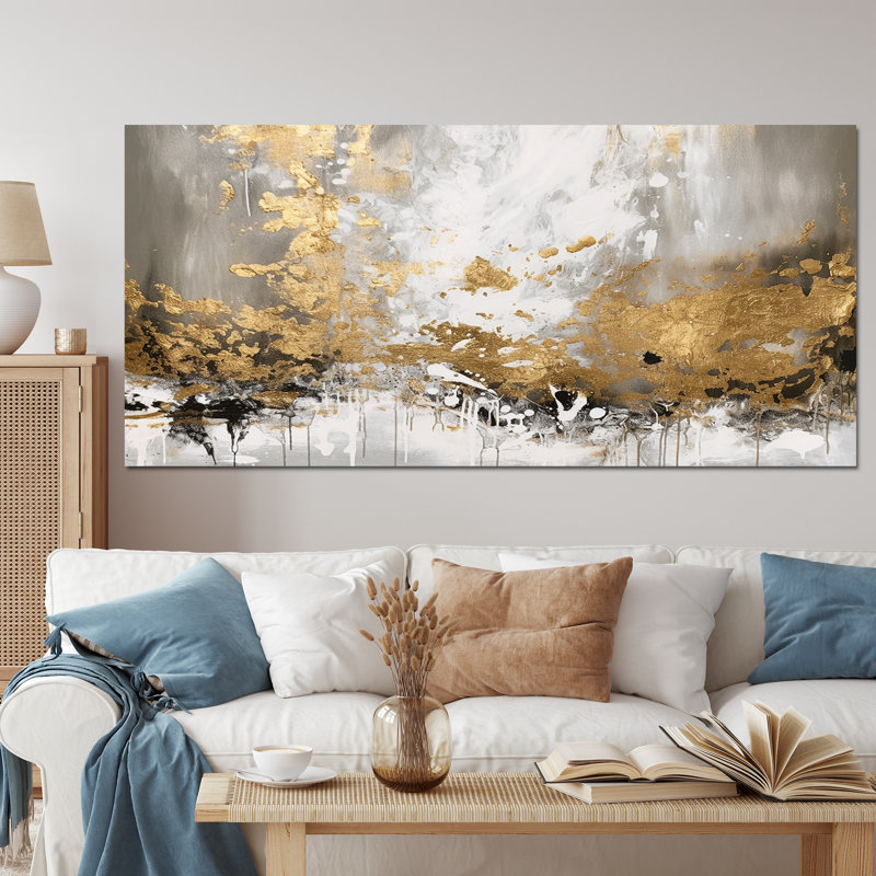 Or et blanc abstrait - art mural abstrait, Toile tendue, 28" H x 60" W x 1.5" D