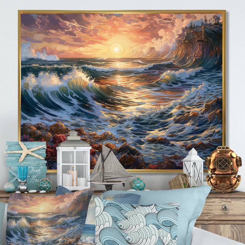 Golden Blue Majestic Waves III sur toile, H 24 po x l 32 po x P 1 po, Cadre flottant doré