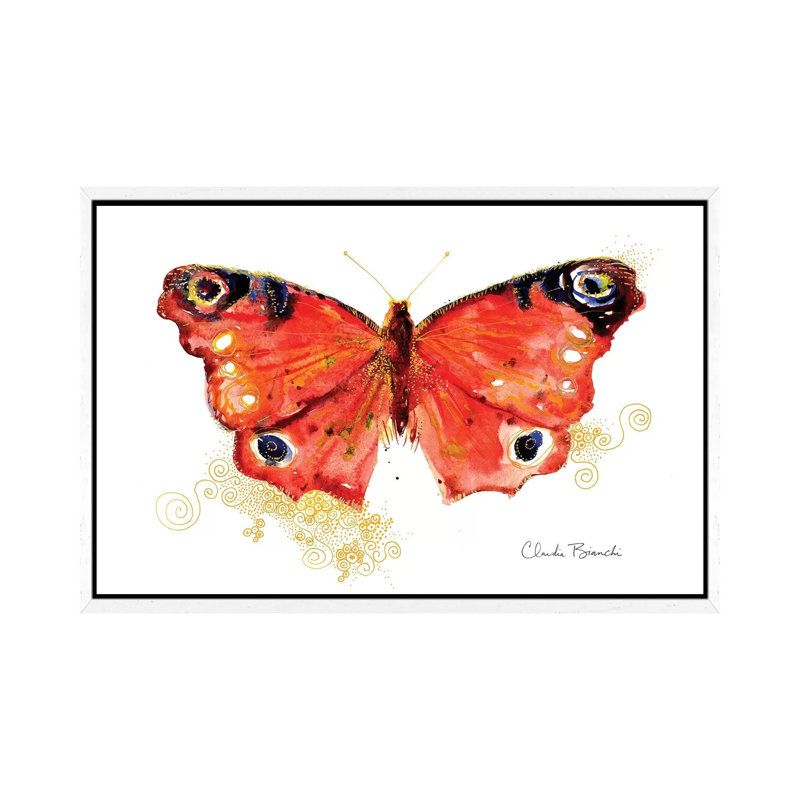 Butterfly In Gold by Claudia Bianchi - Painting on Canvas, 66.04cm H x 101.6cm W x 3.81cm D, White Framed
