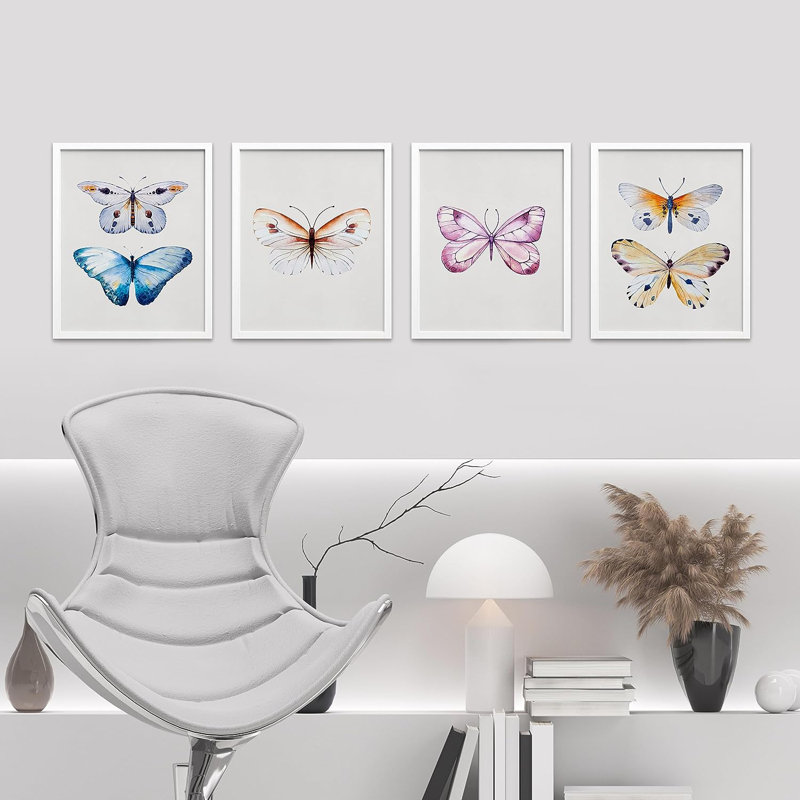Papillon coloré, reproduction encadrée de 4 pièces, H 10 po x l 8 po x P 1 po, Cadre blanc