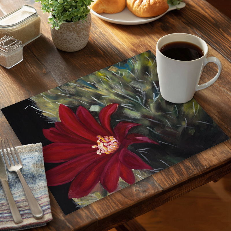 Black Floral Polyester Placemat - Echinopsis Red Cactus Flower