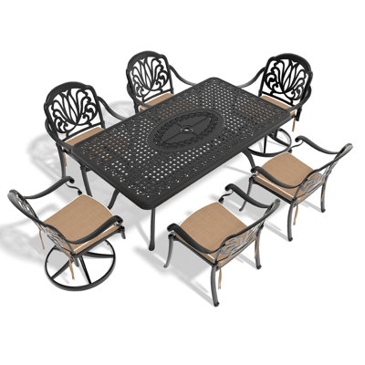 Ensemble de salle à manger 7 pièces en fonte d'aluminium toutes saisons comprenant 2 chaises pivotantes, 4 chaises et une table rectangulaire avec cadre noir