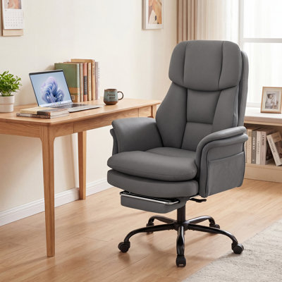 Chaise de bureau ergonomique à jambes croisées, en cuir résistant aux rayures et à 5 roulettes, gris et noir.