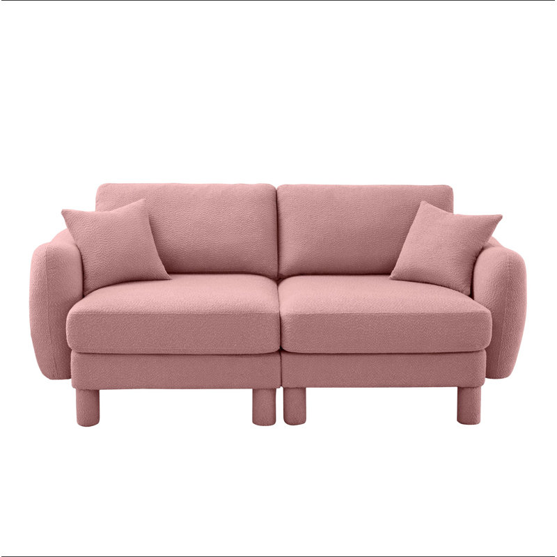 Canapé 2 places avec accoudoirs en forme de coquillage et pieds cylindriques enveloppés de tissu d'ameublement Boucle, Rose