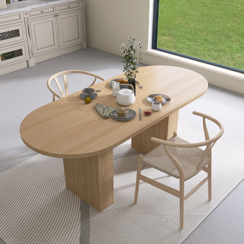 Farmhouse Oval Dining Table For 6 People With Wood Strip Base, Large Round Pedestal Dining Room Table For Living Space, Natural Finish-Only Table