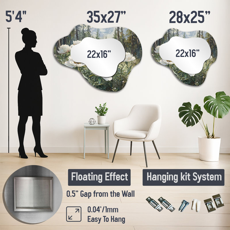 Peonies In The Alpine Forest I - Peonies Asymmetrical Wall Mirror, Traditional Vanity Mirror, Printed on Metal, 25" x 28"