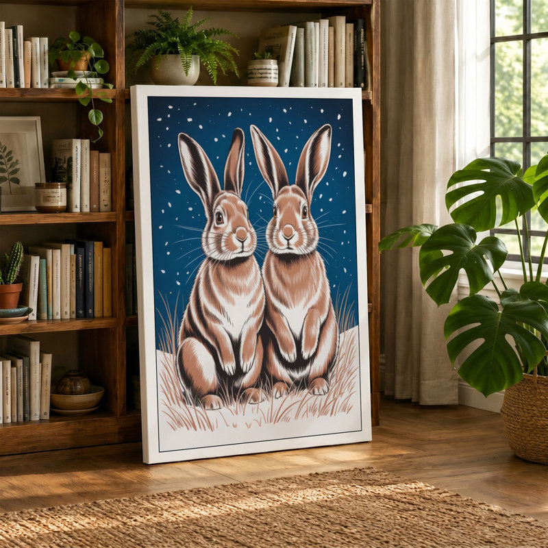 Rabbits in Winter Night Scandinavian 1 Piece Wrapped Canvas Wall Art, 24x16 - 61.0 x 40.6 cm, Sage Border