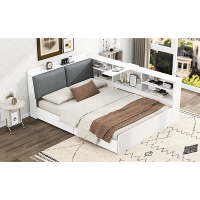 Lit plateforme double en bois blanc avec tête de lit, tablettes et conception rembourrée, structure à 2 tiroirs, pin +, haute qualité