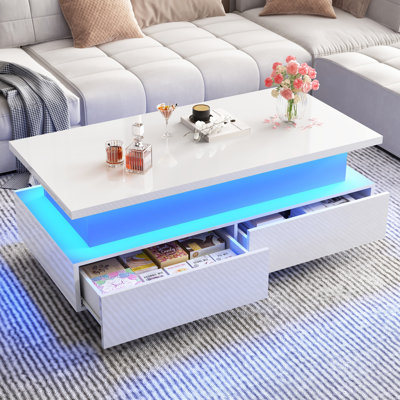 Table basse à plateau relevable moderne de 43,3 po avec tiroir de rangement et compartiment central dissimulé ultrabrillant avec éclairage de contrôle pour salon