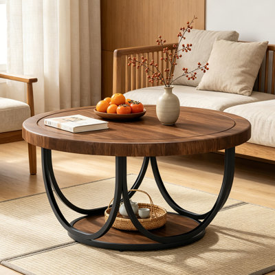 31.6" Coffee Table, Circle 2-Tier Accent Cocktail Table with Storage Shelf