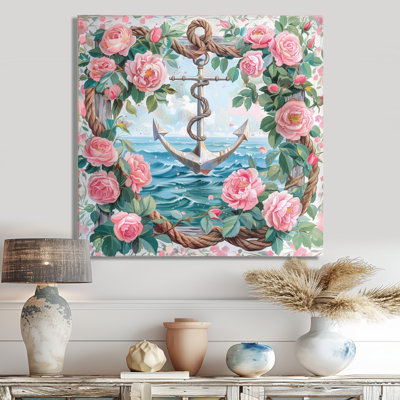 Pink Green Vintage Anchor Roses Collage II - Coastal Wall Decor