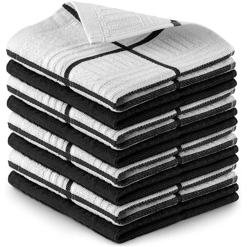 Zulay Kitchen Cotton Wash Cloths - 8 Pack Absorbent Kitchen Towels Machine Washable, Black, 12" L x 12" W