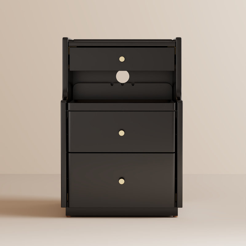 Aevah Soild Wooden Nightstand with Raised-Edge Top, Sliding Shelf, Cable Hole & Skirting Board Space, Black, 15.75" W