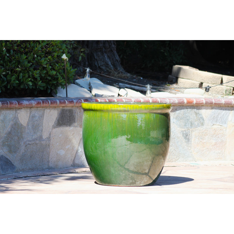 Grand pot de fleurs en céramique émaillée sans décoration - Intérieur/Extérieur, 19.0" D x 19.0" H, Turquoise en chute