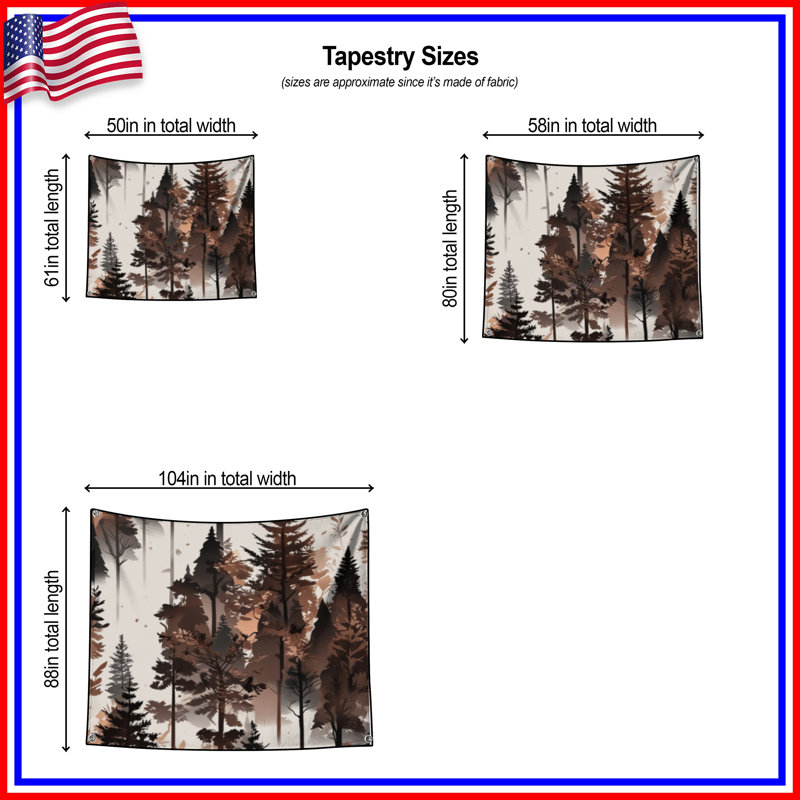 Tapisserie murale silhouette de forêt brumeuse - décoration murale arbres, 50 po H x 60 po L avec 4 œillets