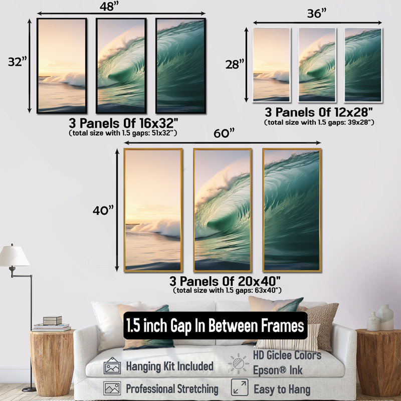 «Turquoise Power of Ocean Wave IV», ensemble d'art mural côtier, Cadre flottant blanc, H 32 po x l 48 po x P 1 po