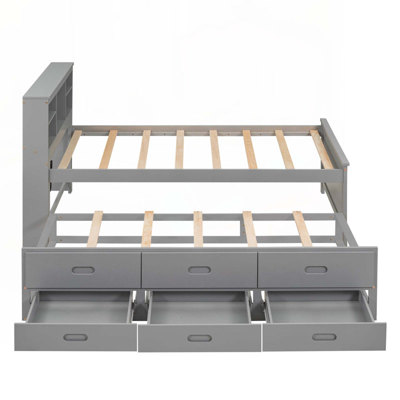 Lit plateforme avec tête de lit avec rangement, gris, Lit simple