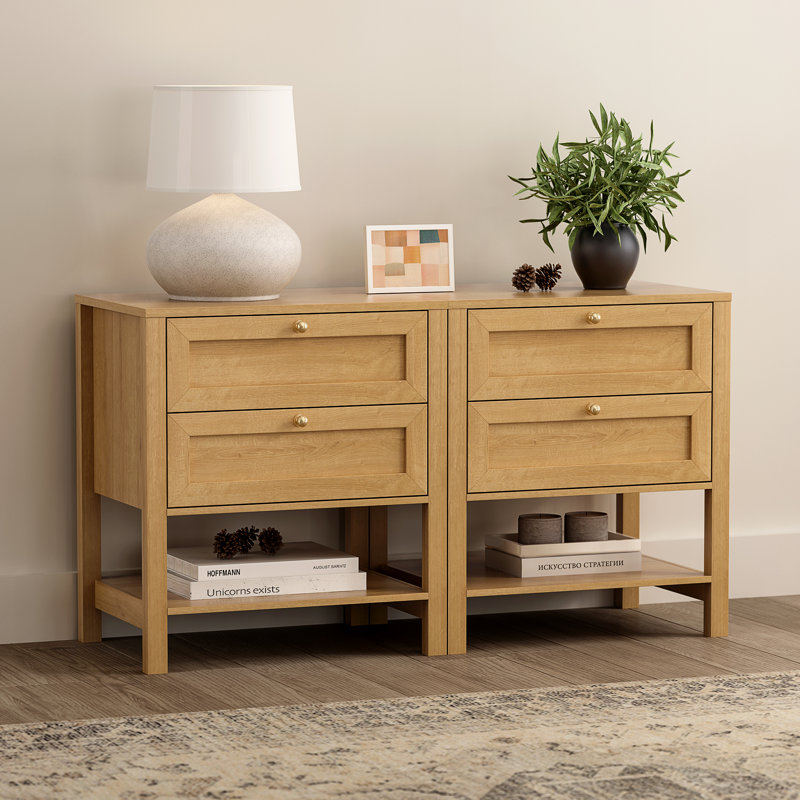 2-Drawer Wooden Nightstand With Shelf, Oak, Set of 2