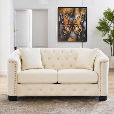 Canapé en velours Chesterfield 59 po, canapé 2 places 59 po, dossier capitonné capitonné avec accoudoirs cloutés et 2 coussins pour le salon, la chambre à coucher, l’appartement, le bureau