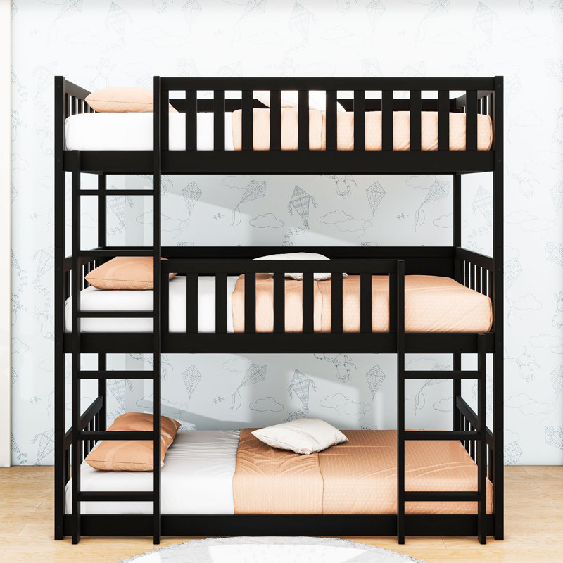 Kawtar Versatile Twin Over Twin Over Twin Detachable Triple Bunk Bed With Guardrails, Ladders, Black