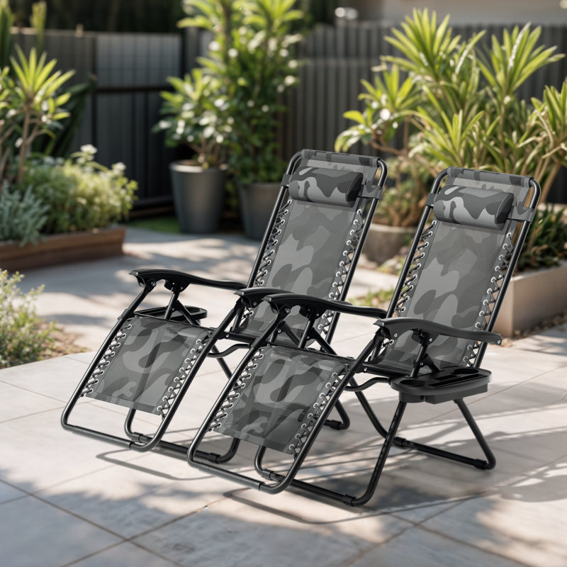 Chaises longues d'extérieur inclinables, réglables et pliables avec porte-gobelet Zero Gravity Chairs, Camouflage gris