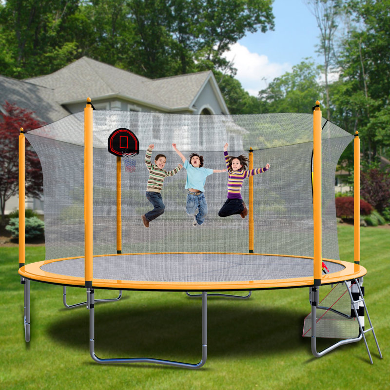 Trampoline 16 pi avec pompe à panier et échelle (enceinte de sécurité intérieure) avec but de soccer, Orange