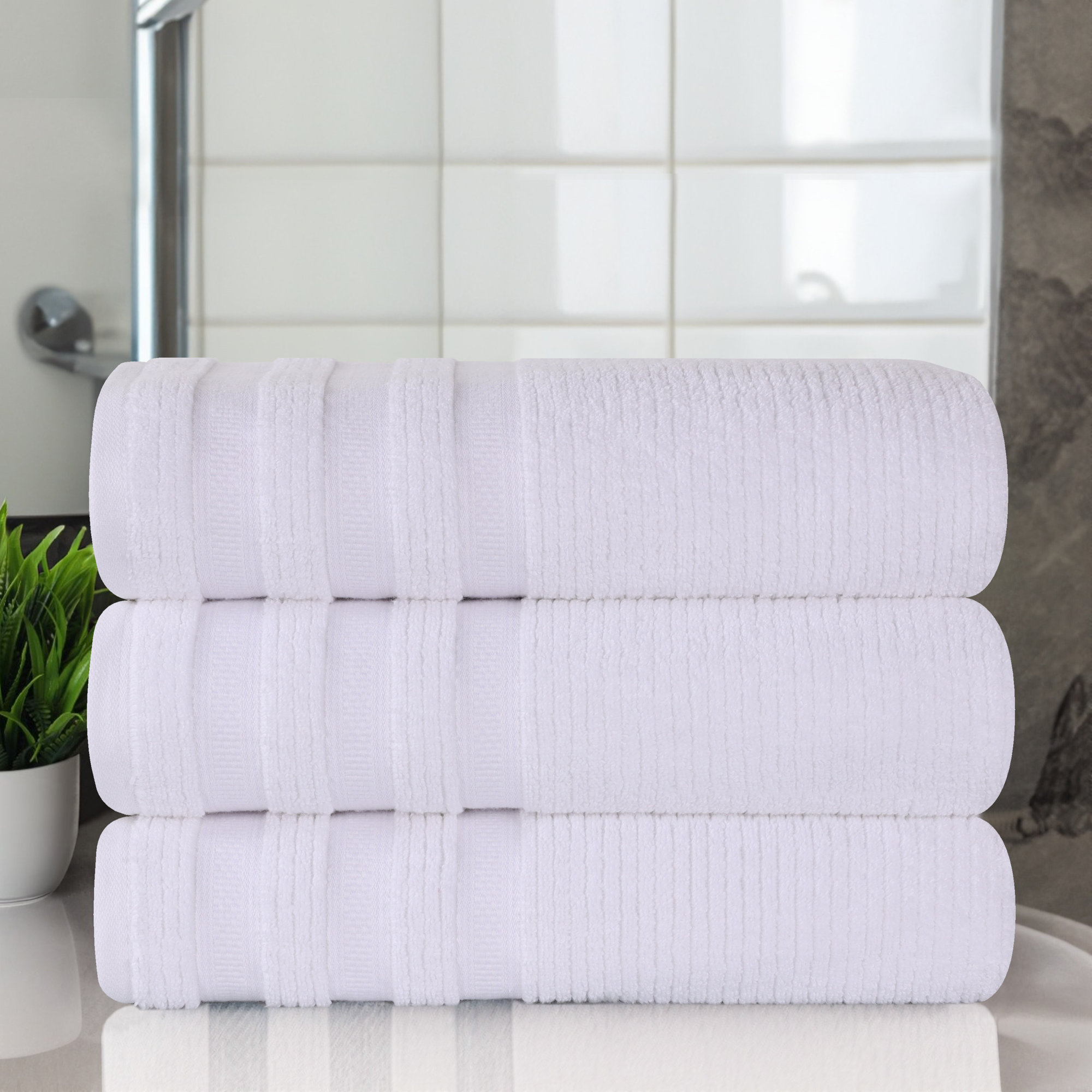 Emiliah Zero Twist Cotton Ribbed Modern Geometric Border Plush Soft Highly-Absorbent Bath Towel Set, White