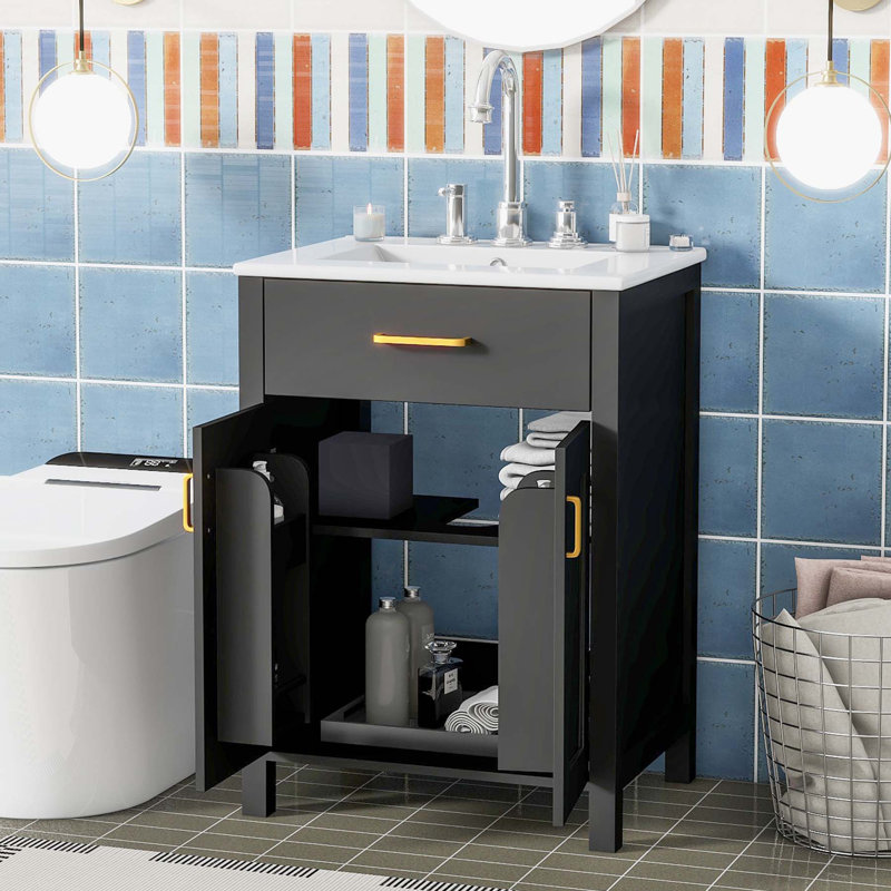 Black 24-Inch Freestanding Bathroom Vanity with Ceramic Sink