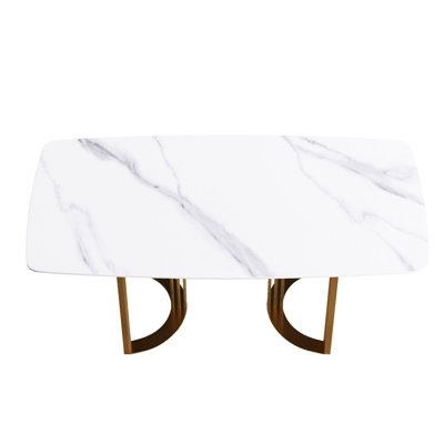Table moderne blanche avec surface en pierre frittée de 72,87 po et pieds en métal doré, table de salle à manger 6 à 8 places et nettoyage facile