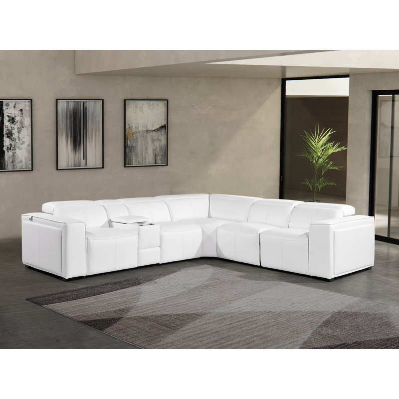 Canapé modulaire inclinable électrique en L de 5 pièces en cuir italien avec appuis-tête électriques, Cuir véritable blanc